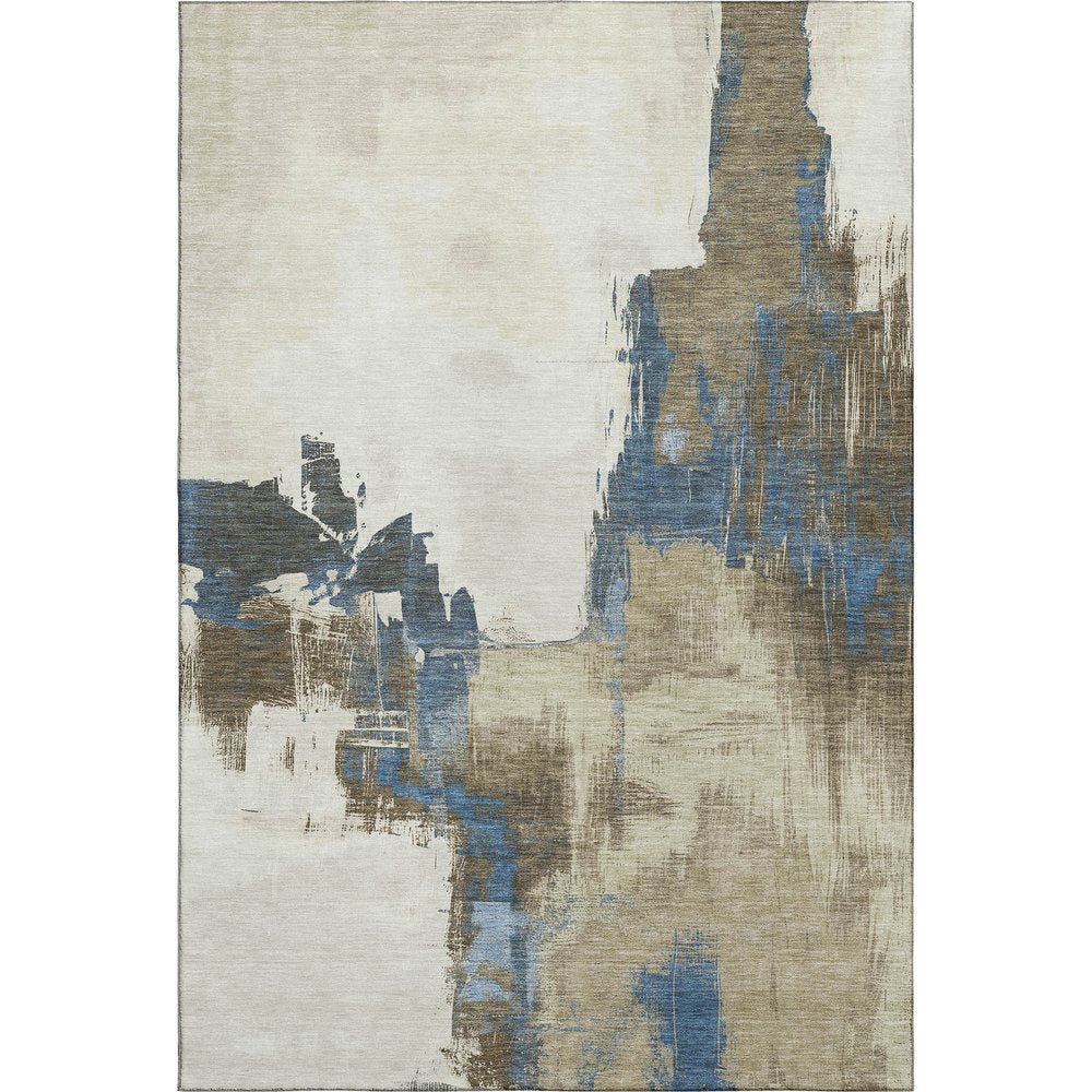 5' X 8' Beige Blue And Ivory Abstract Washable Area Rug With UV Protection