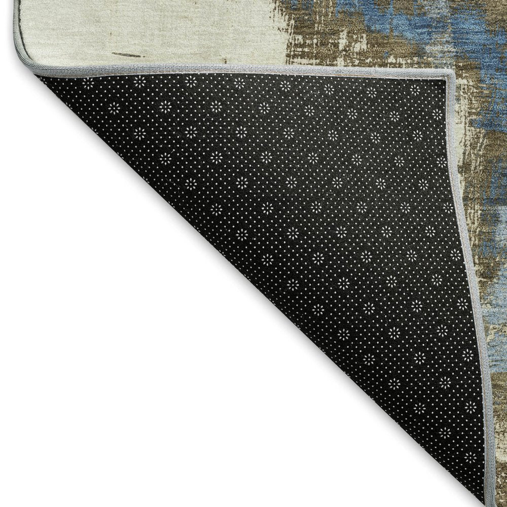 5' X 8' Beige Blue And Ivory Abstract Washable Area Rug With UV Protection