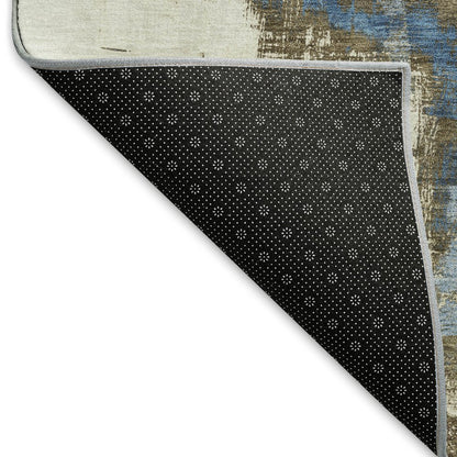 5' X 8' Beige Blue And Ivory Abstract Washable Area Rug With UV Protection