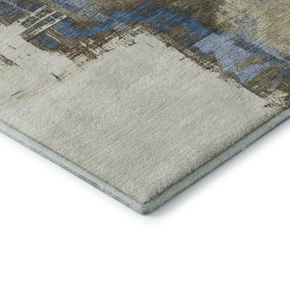 5' X 8' Beige Blue And Ivory Abstract Washable Area Rug With UV Protection