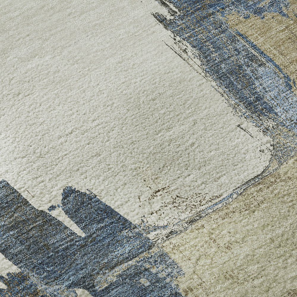 5' X 8' Beige Blue And Ivory Abstract Washable Area Rug With UV Protection