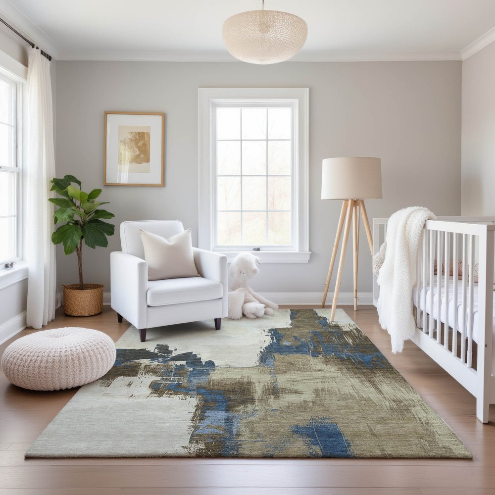 5' X 8' Beige Blue And Ivory Abstract Washable Area Rug With UV Protection