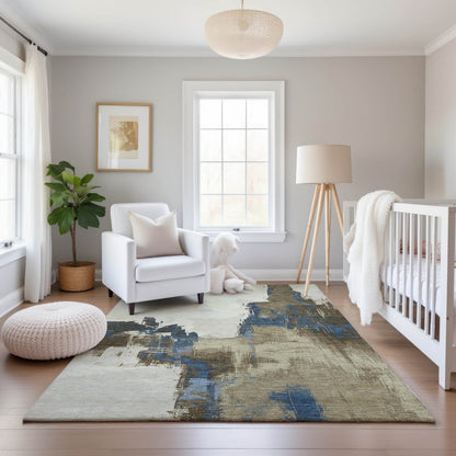 5' X 8' Beige Blue And Ivory Abstract Washable Area Rug With UV Protection