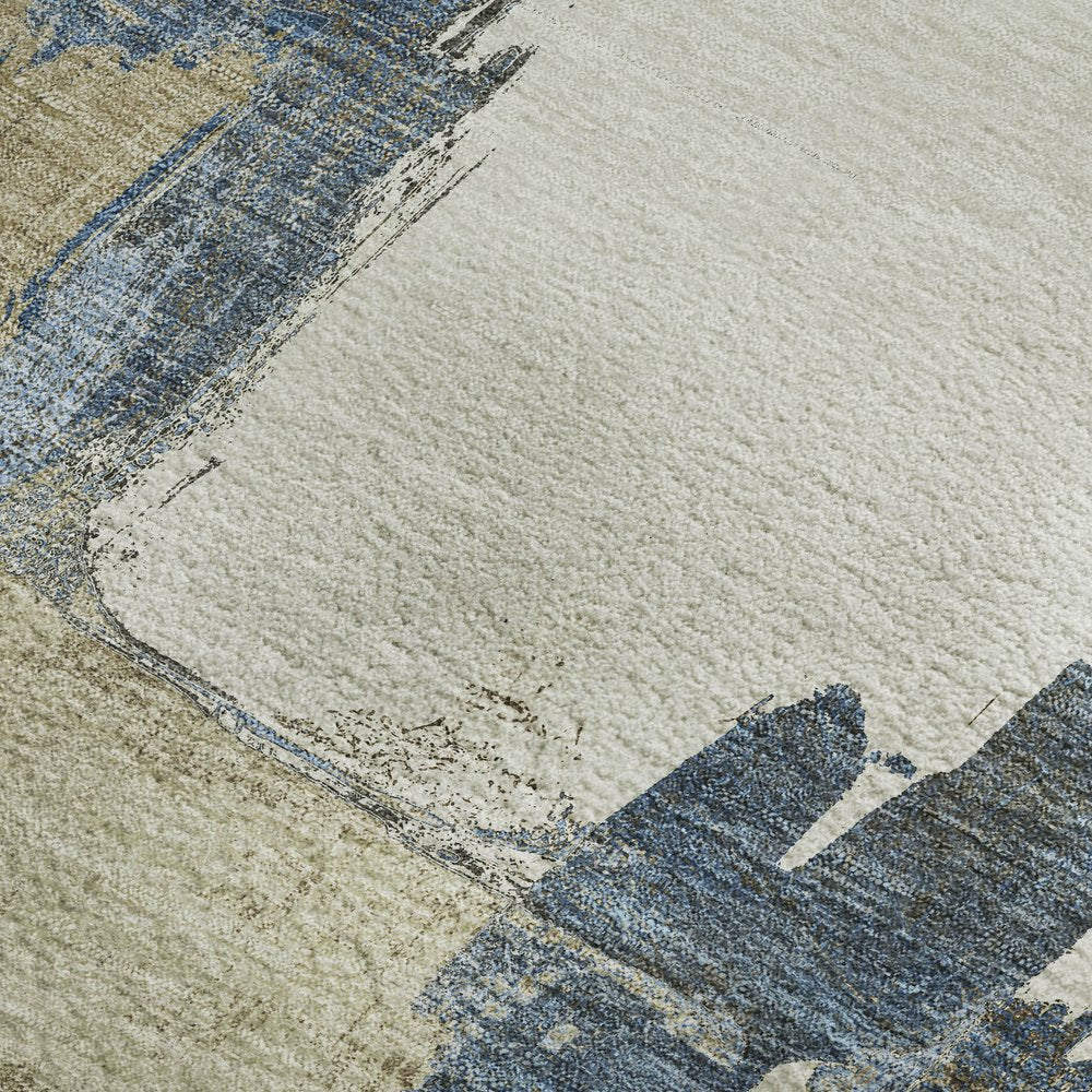 5' X 8' Beige Blue And Ivory Abstract Washable Area Rug With UV Protection