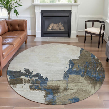 8' X 8' Beige Blue And Ivory Abstract Washable Round Rug With UV Protection