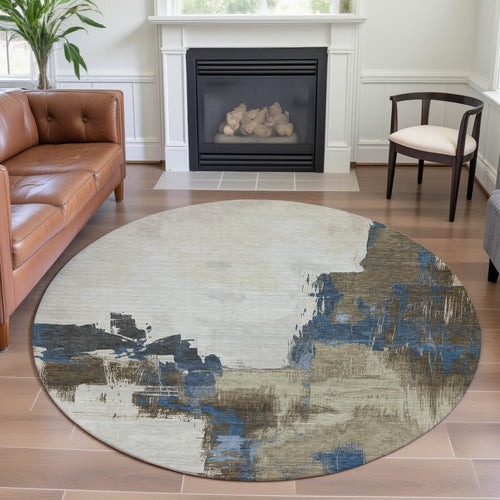 8' X 8' Beige Blue And Ivory Abstract Washable Round Rug With UV Protection