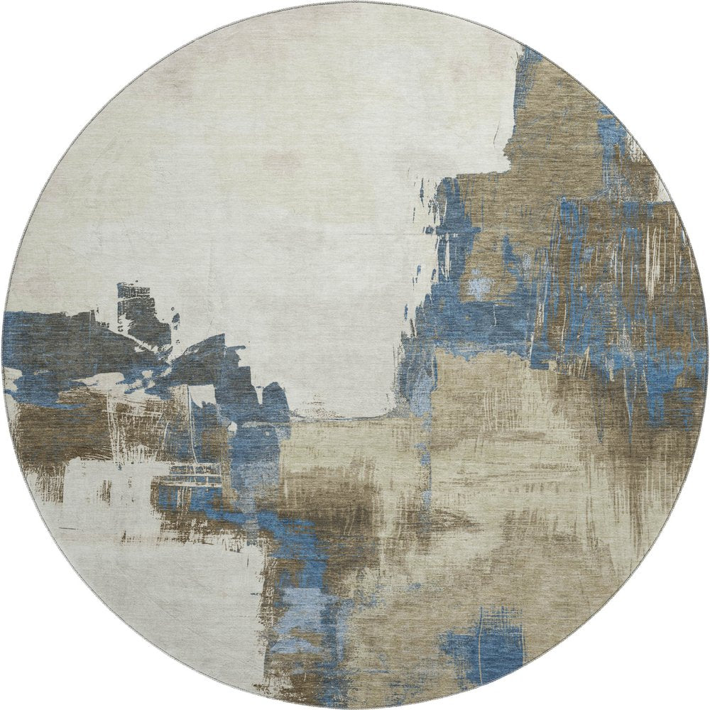 8' X 8' Beige Blue And Ivory Abstract Washable Round Rug With UV Protection