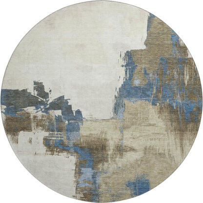 8' X 8' Beige Blue And Ivory Abstract Washable Round Rug With UV Protection