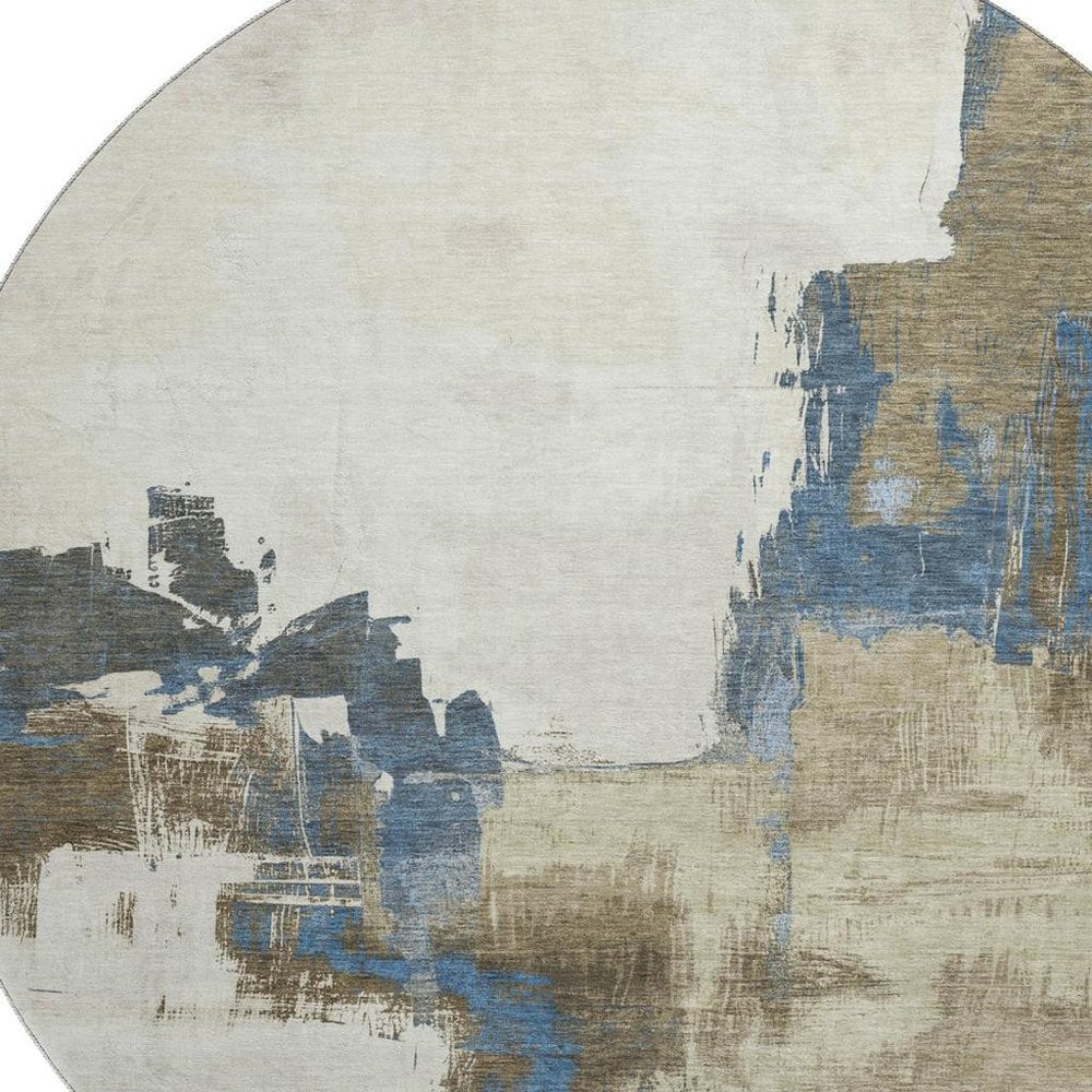 8' X 8' Beige Blue And Ivory Abstract Washable Round Rug With UV Protection