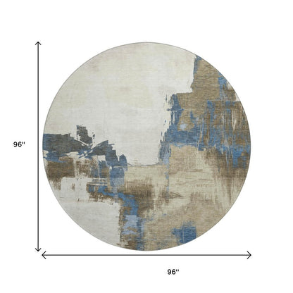 8' X 8' Beige Blue And Ivory Abstract Washable Round Rug With UV Protection