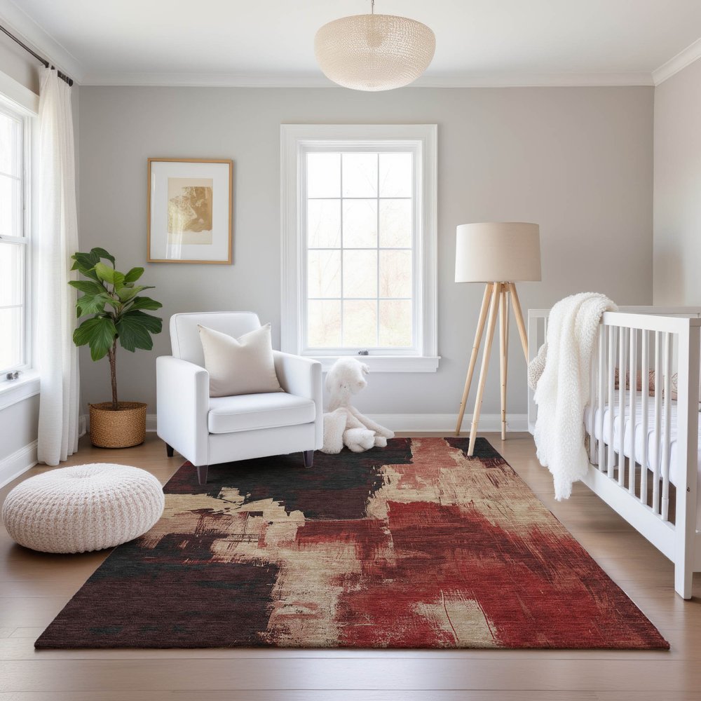 5' X 8' Brick Red Mauve And Beige Abstract Washable Area Rug With UV Protection