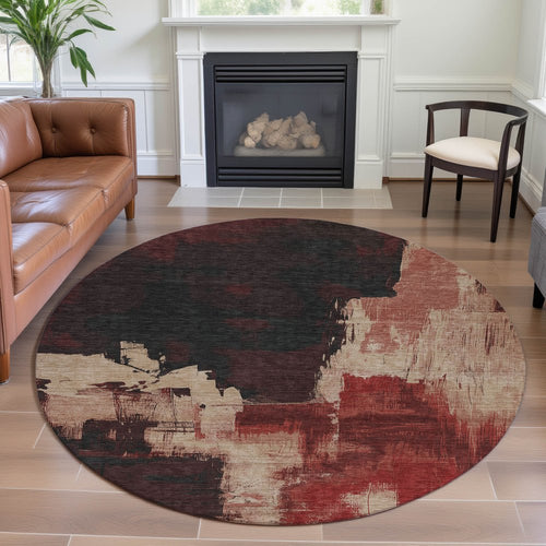 8' X 8' Brick Red Mauve And Beige Abstract Washable Round Rug With UV Protection