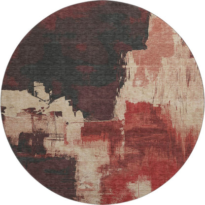 8' X 8' Brick Red Mauve And Beige Abstract Washable Round Rug With UV Protection