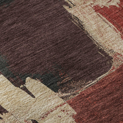 8' X 8' Brick Red Mauve And Beige Abstract Washable Round Rug With UV Protection