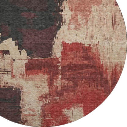 8' X 8' Brick Red Mauve And Beige Abstract Washable Round Rug With UV Protection