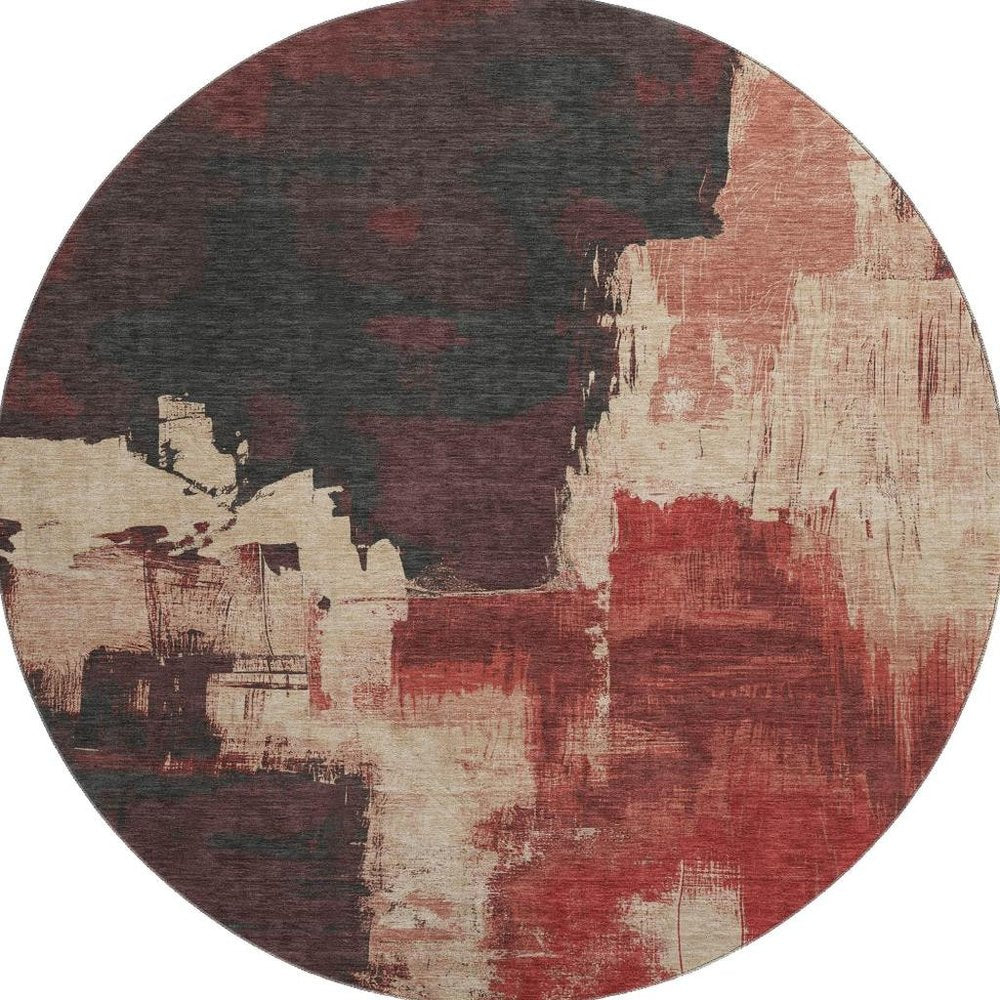 8' X 8' Brick Red Mauve And Beige Abstract Washable Round Rug With UV Protection
