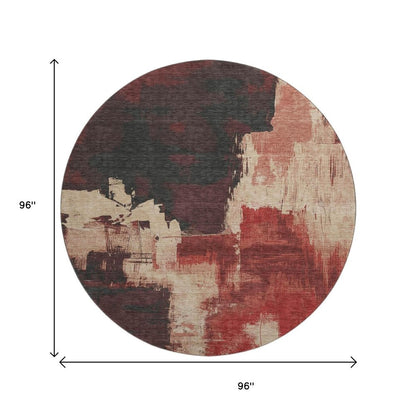 8' X 8' Brick Red Mauve And Beige Abstract Washable Round Rug With UV Protection