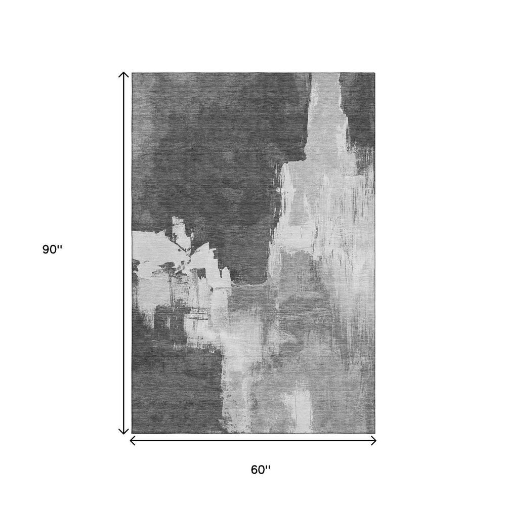 5' X 8' Gray Silver And Charcoal Abstract Washable Area Rug With UV Protection