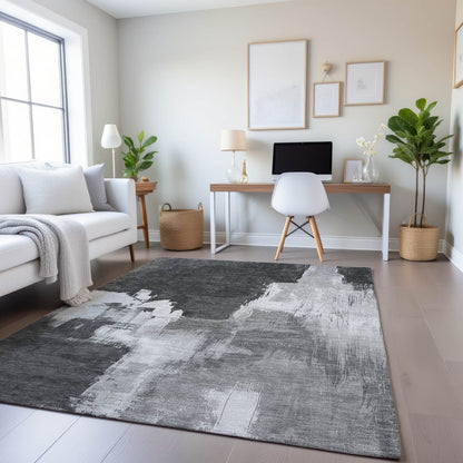 5' X 8' Gray Silver And Charcoal Abstract Washable Area Rug With UV Protection