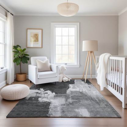 5' X 8' Gray Silver And Charcoal Abstract Washable Area Rug With UV Protection