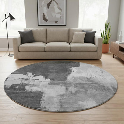 8' X 8' Gray Silver And Charcoal Abstract Washable Round Rug With UV Protection