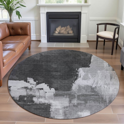8' X 8' Gray Silver And Charcoal Abstract Washable Round Rug With UV Protection