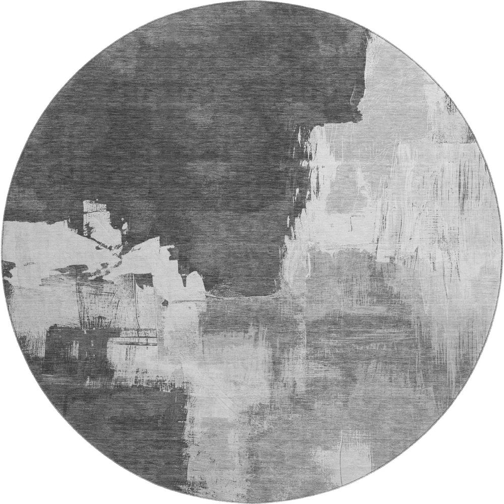 8' X 8' Gray Silver And Charcoal Abstract Washable Round Rug With UV Protection