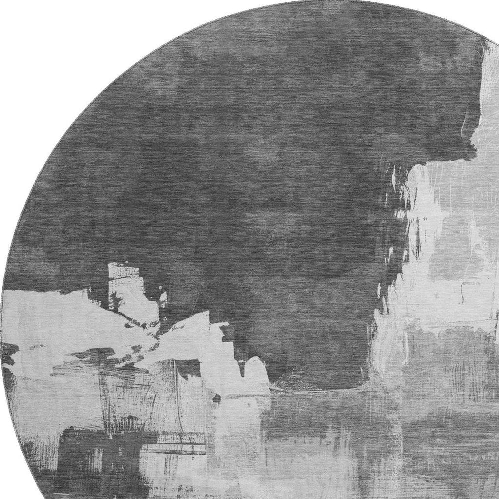 8' X 8' Gray Silver And Charcoal Abstract Washable Round Rug With UV Protection