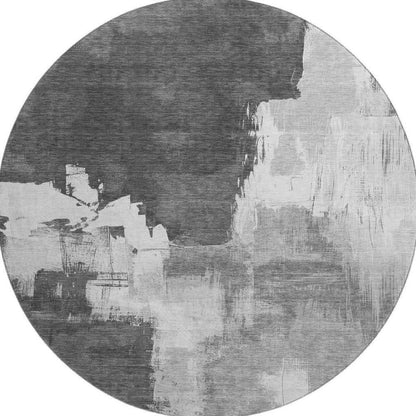 8' X 8' Gray Silver And Charcoal Abstract Washable Round Rug With UV Protection