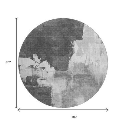 8' X 8' Gray Silver And Charcoal Abstract Washable Round Rug With UV Protection