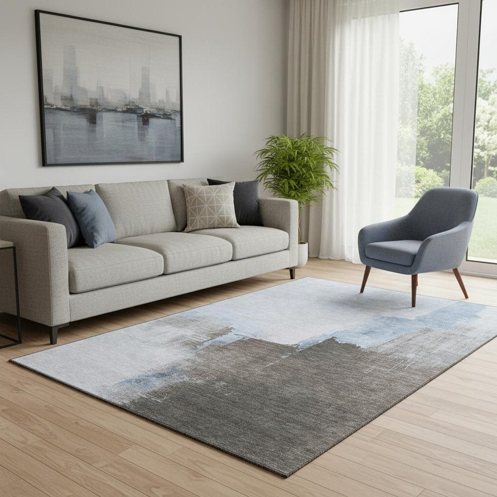 5' X 8' Sky Blue Chocolate And Taupe Abstract Washable Area Rug With UV Protection