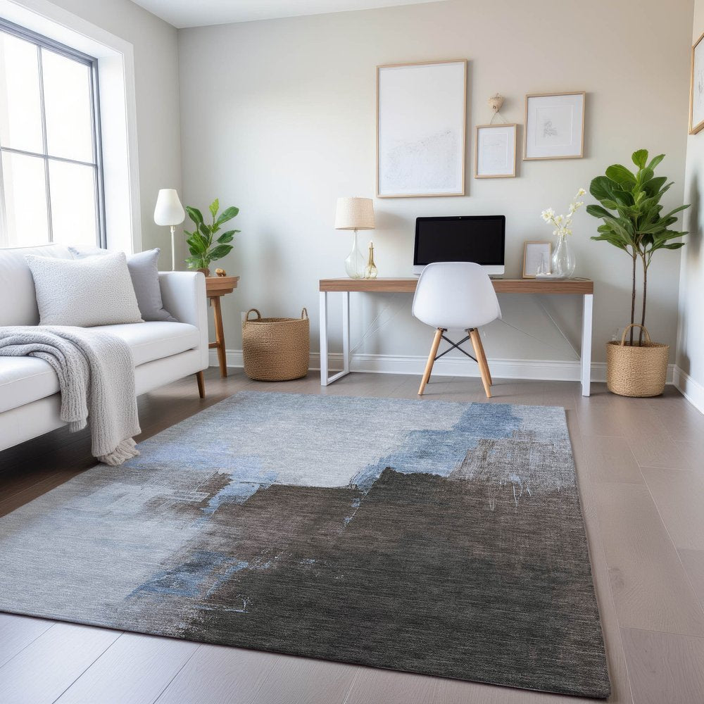 5' X 8' Sky Blue Chocolate And Taupe Abstract Washable Area Rug With UV Protection