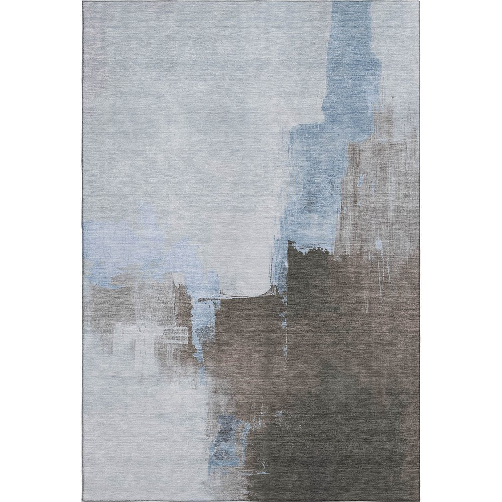 5' X 8' Sky Blue Chocolate And Taupe Abstract Washable Area Rug With UV Protection