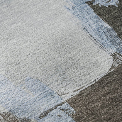 5' X 8' Sky Blue Chocolate And Taupe Abstract Washable Area Rug With UV Protection