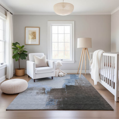 5' X 8' Sky Blue Chocolate And Taupe Abstract Washable Area Rug With UV Protection