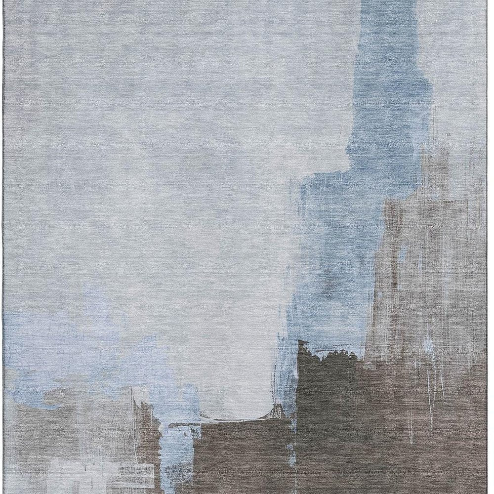5' X 8' Sky Blue Chocolate And Taupe Abstract Washable Area Rug With UV Protection