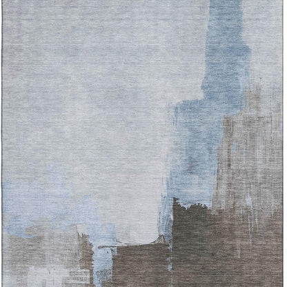 5' X 8' Sky Blue Chocolate And Taupe Abstract Washable Area Rug With UV Protection