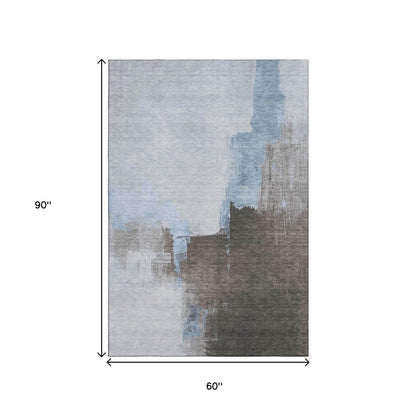 5' X 8' Sky Blue Chocolate And Taupe Abstract Washable Area Rug With UV Protection