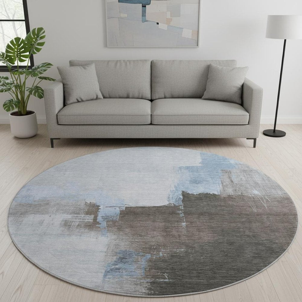 8' X 8' Sky Blue Chocolate And Taupe Abstract Washable Round Rug With UV Protection