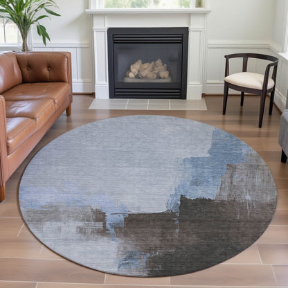8' X 8' Sky Blue Chocolate And Taupe Abstract Washable Round Rug With UV Protection