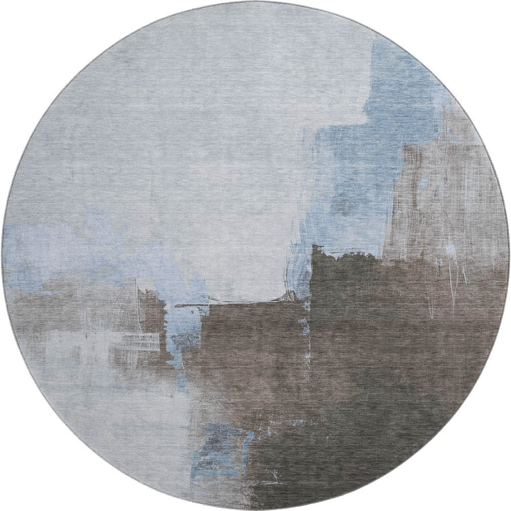 8' X 8' Sky Blue Chocolate And Taupe Abstract Washable Round Rug With UV Protection