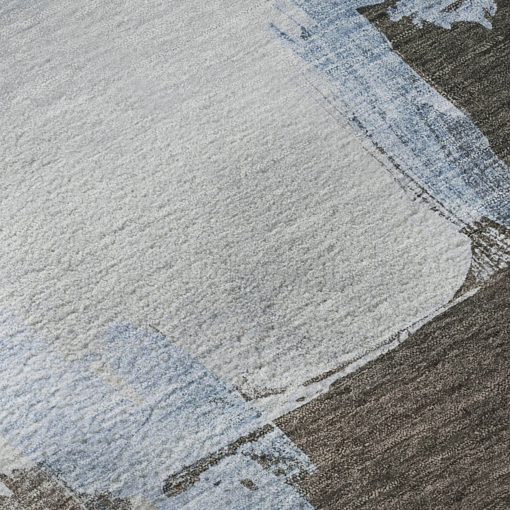 8' X 8' Sky Blue Chocolate And Taupe Abstract Washable Round Rug With UV Protection