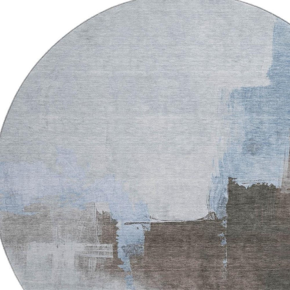 8' X 8' Sky Blue Chocolate And Taupe Abstract Washable Round Rug With UV Protection