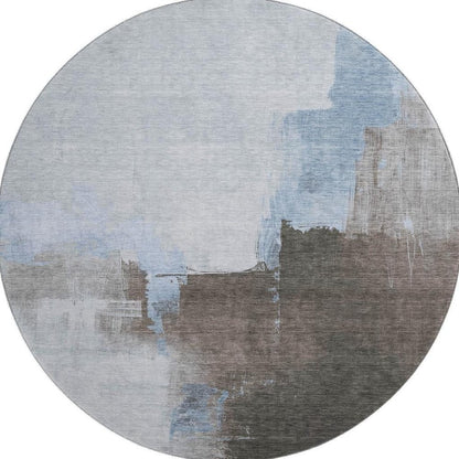 8' X 8' Sky Blue Chocolate And Taupe Abstract Washable Round Rug With UV Protection