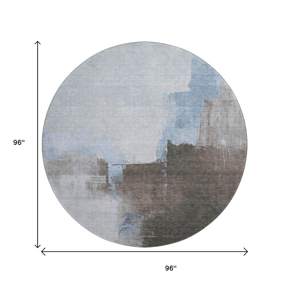 8' X 8' Sky Blue Chocolate And Taupe Abstract Washable Round Rug With UV Protection