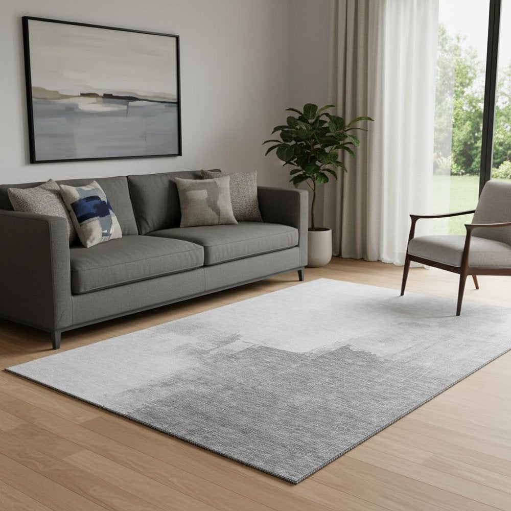 5' X 8' Silver Gray And Charcoal Abstract Washable Area Rug With UV Protection