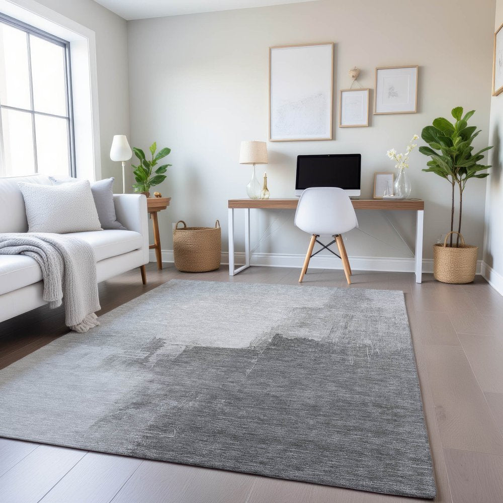5' X 8' Silver Gray And Charcoal Abstract Washable Area Rug With UV Protection