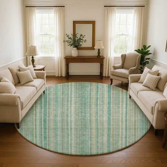 8' Aqua Beige And Teal Striped Washable Round Rug With UV Protection