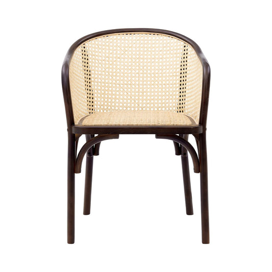 Walnut Solid Wood and Rattan Open Back Dining Arm Chair