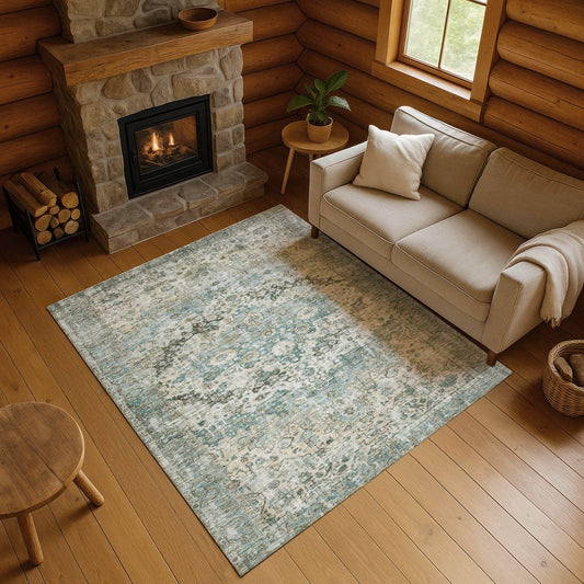 8' X 10' Sage Beige And Teal Oriental Washable Area Rug With UV Protection
